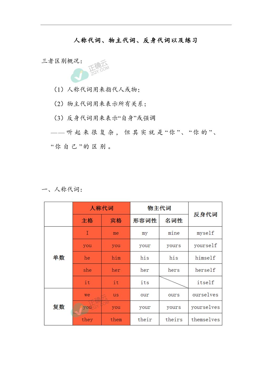 中考英语人称代词、物主代词和反身代词以及练习_正确云资源