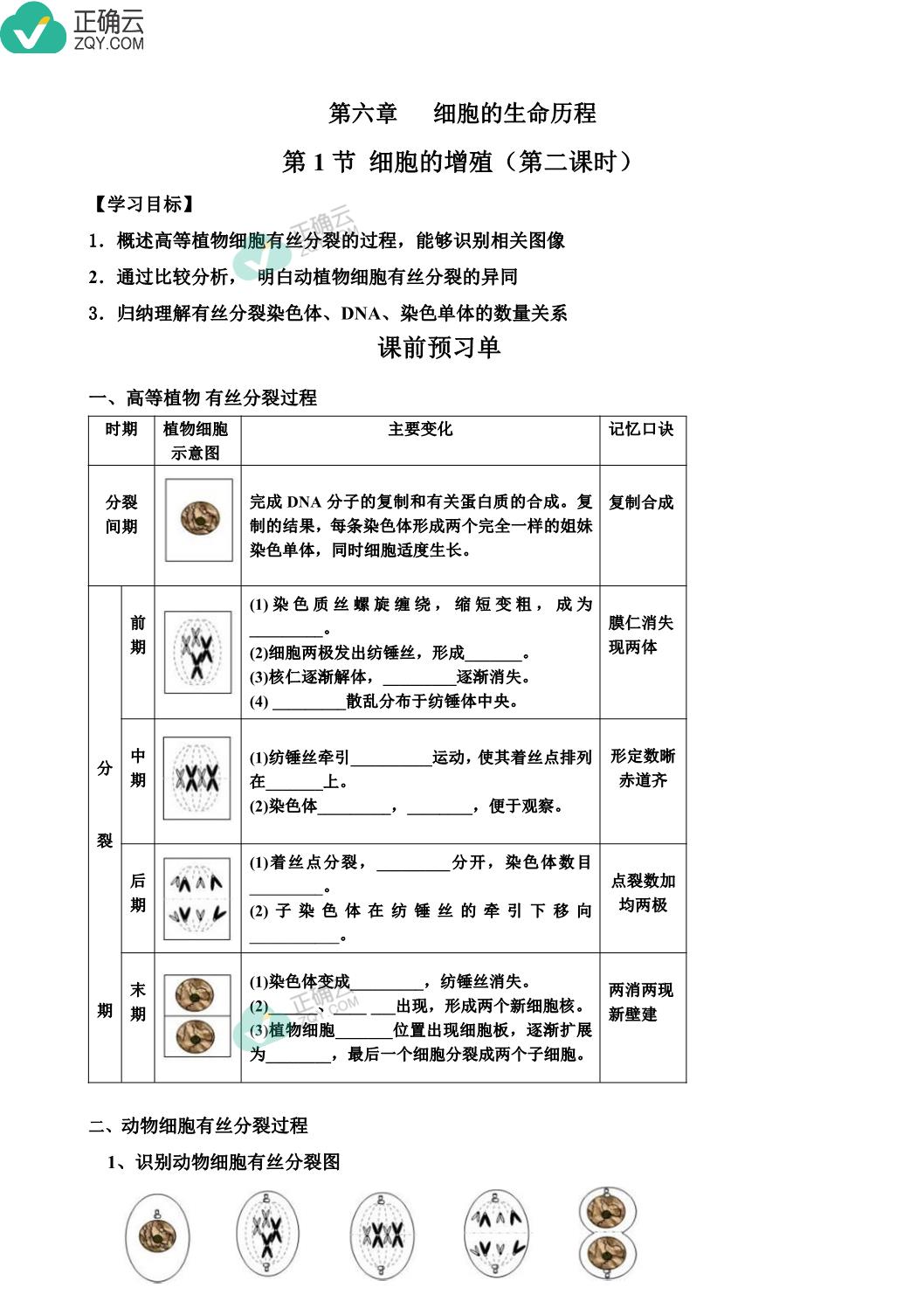 安徽省颍上第二中学19 学年高一生物网课导学案 人教新课标版必修1 6 1 细胞的增殖第2课时 正确云资源